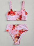Women's marble tie-dye high waist bikini with U-neck top and conservative briefs