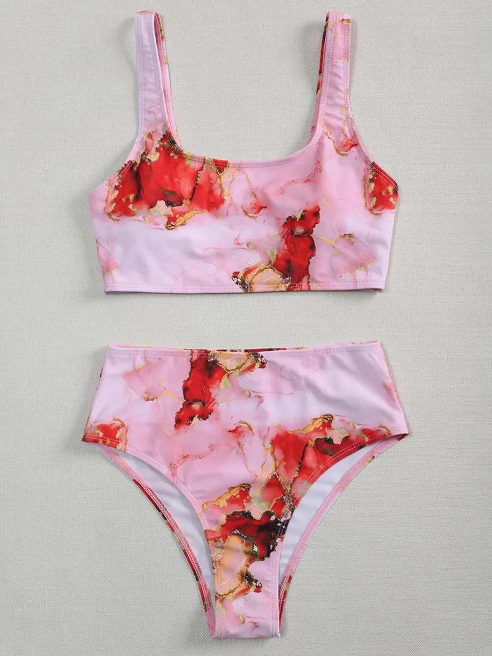 Women's marble tie-dye high waist bikini with U-neck top and conservative briefs