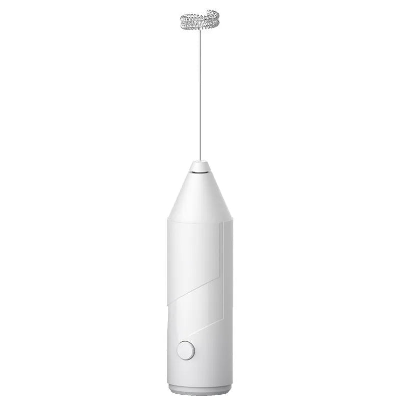 A handheld electric milk frother with a stainless steel wand and a plastic body, shown in black, white, and khaki colour options.