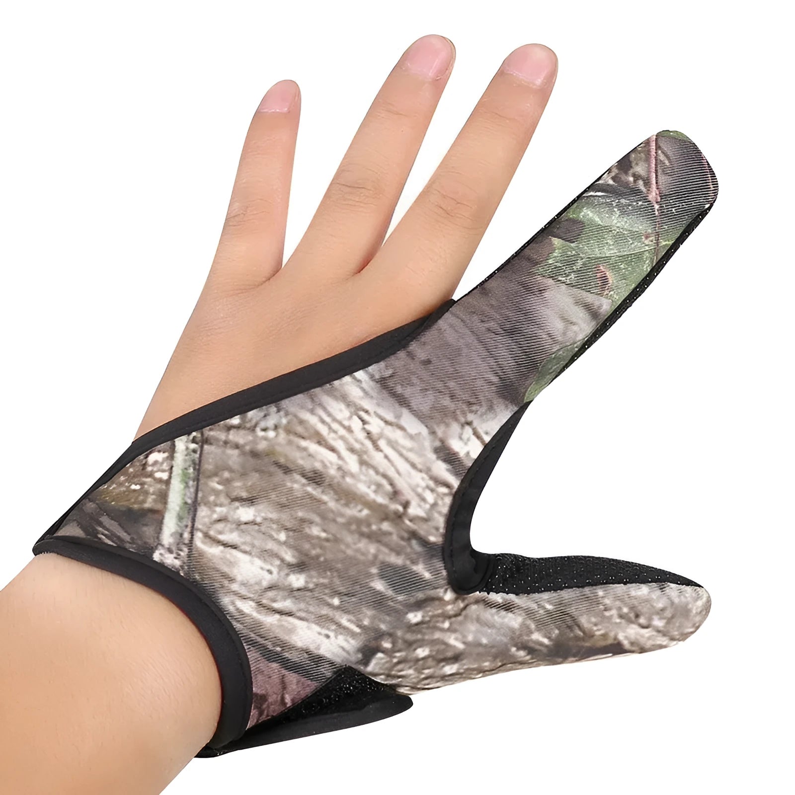 Two-finger fishing glove showing diving cloth back and microfiber palm in available colour options