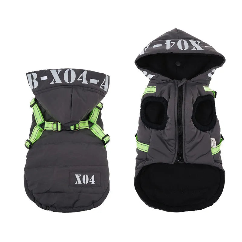 Red waterproof fleece-lined hooded winter jacket for a dog on a size guide.