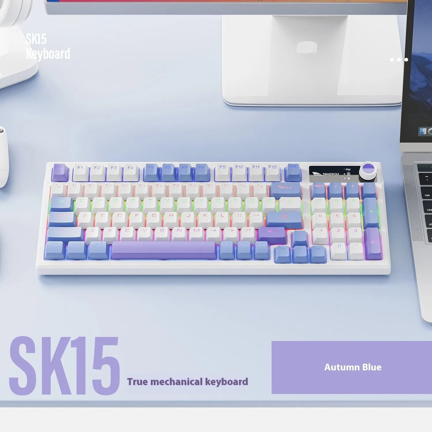 SK15 wired mechanical keyboard with control knob in sunset orange colour beside laptop