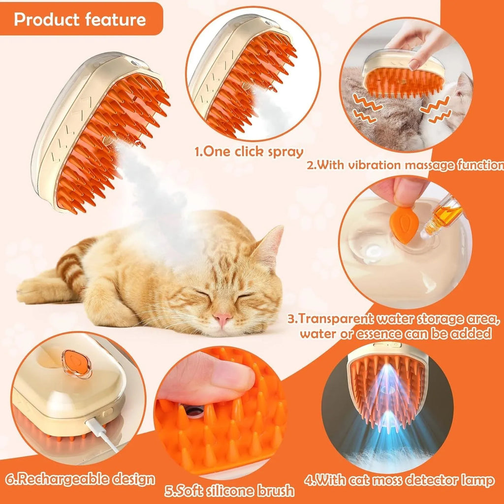 Yellow 4-in-1 cat steam brush with silicone grooming head and ringworm detector