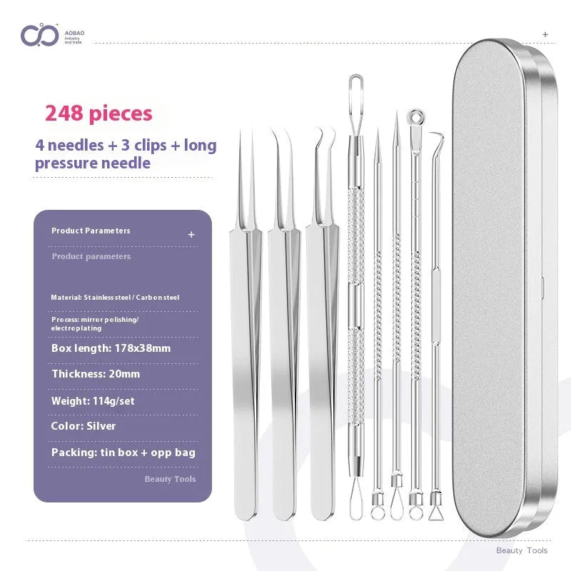 Four metal acne needle tools with pointed tips on a white background.
