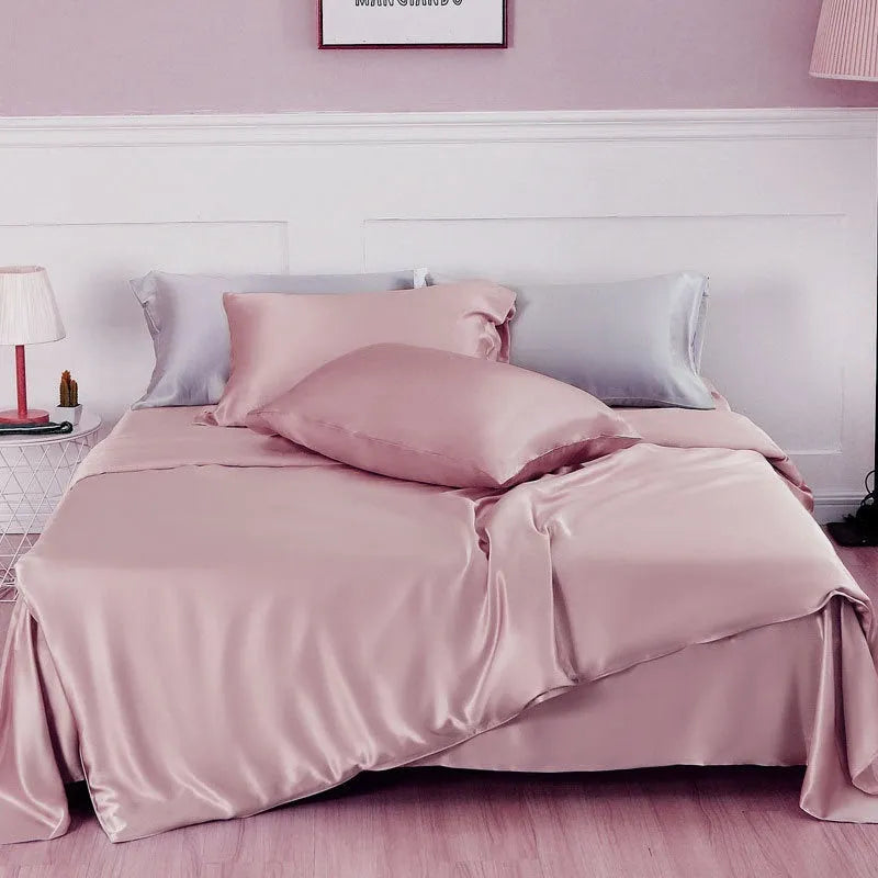 Double-sided silk duvet cover in lotus pink colour showing plain weave texture