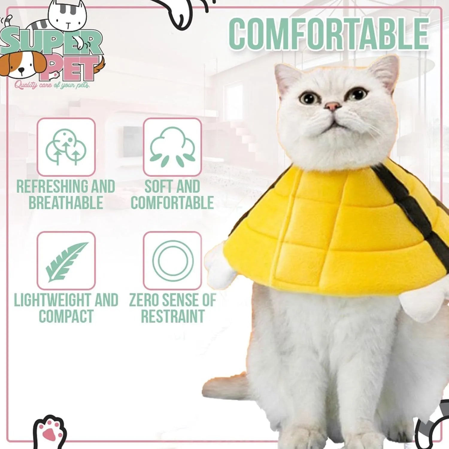 Soft cat cone collar with bee design showing Velcro closure and adjustable sizing
