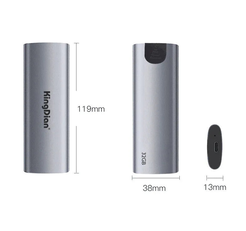 Gray USB3.0 mobile SSD external hard drive for direct phone connection measuring 119mm long
