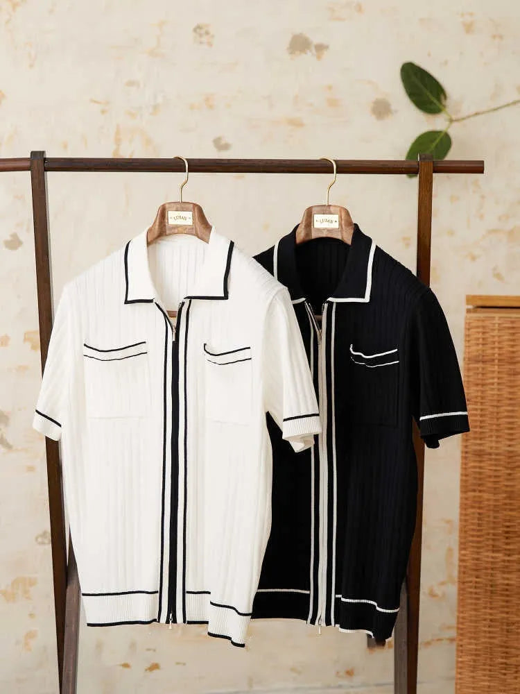 Men's black slim fit short sleeve polo shirt with lapel collar on hanger