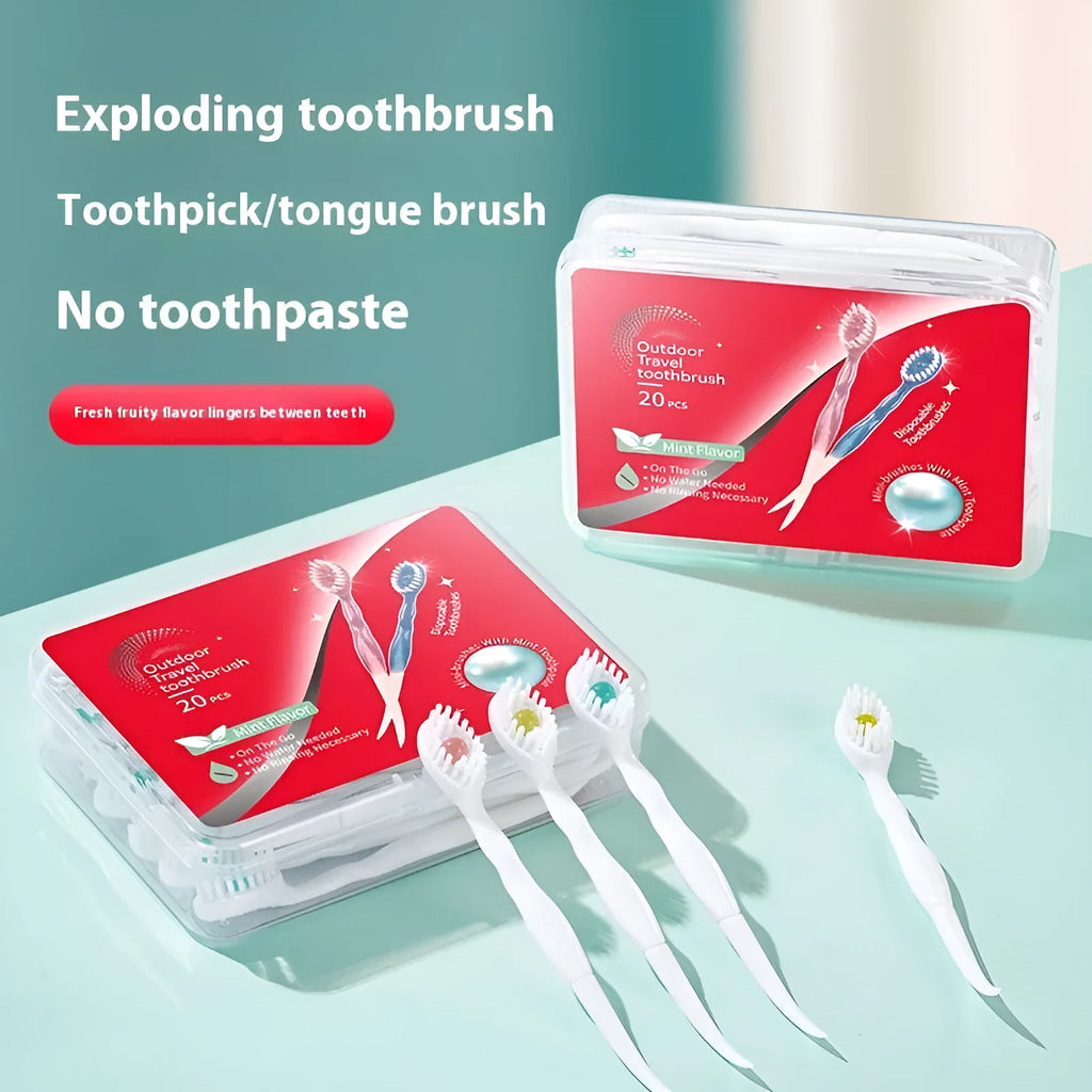 Box containing 20 disposable bead toothbrushes in mint, peach, plum green tea, or mixed flavours.