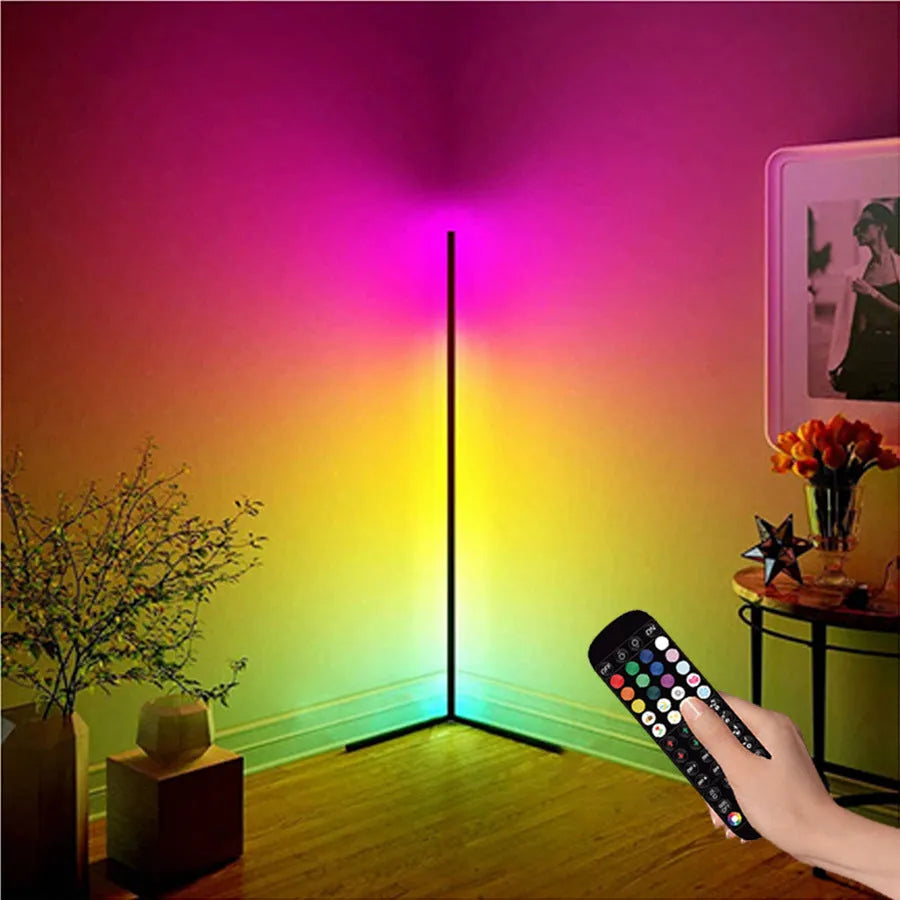 Black aluminium alloy smart floor lamp with silicone shade and remote control for RGBW lighting