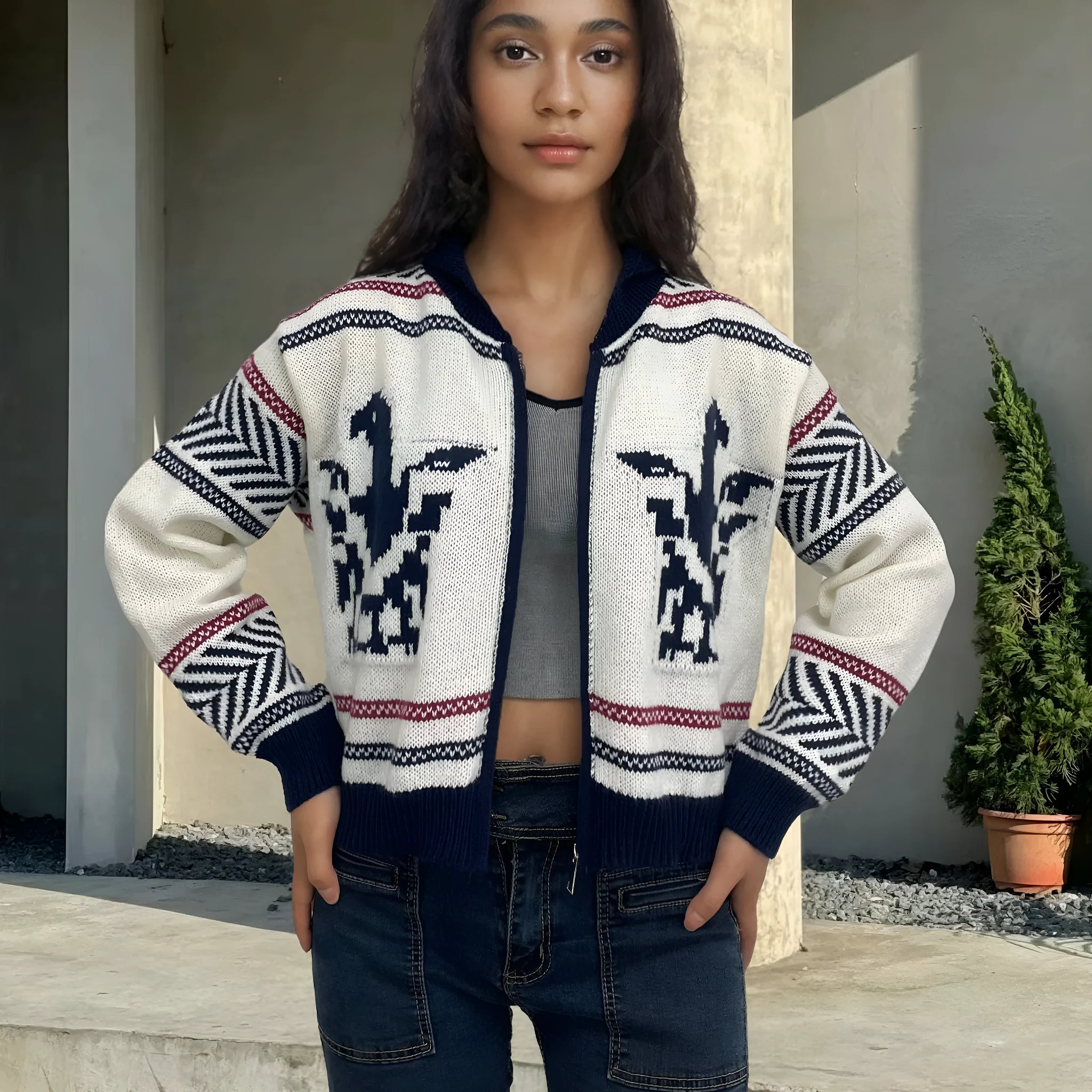 White women's cardigan with zipper front, lapel collar and jacquard contrast stripes