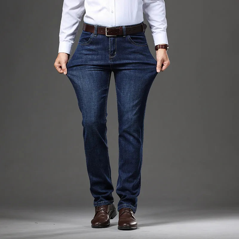 Stretch jeans loose fit straight-leg trousers in black and blue colours on size chart
