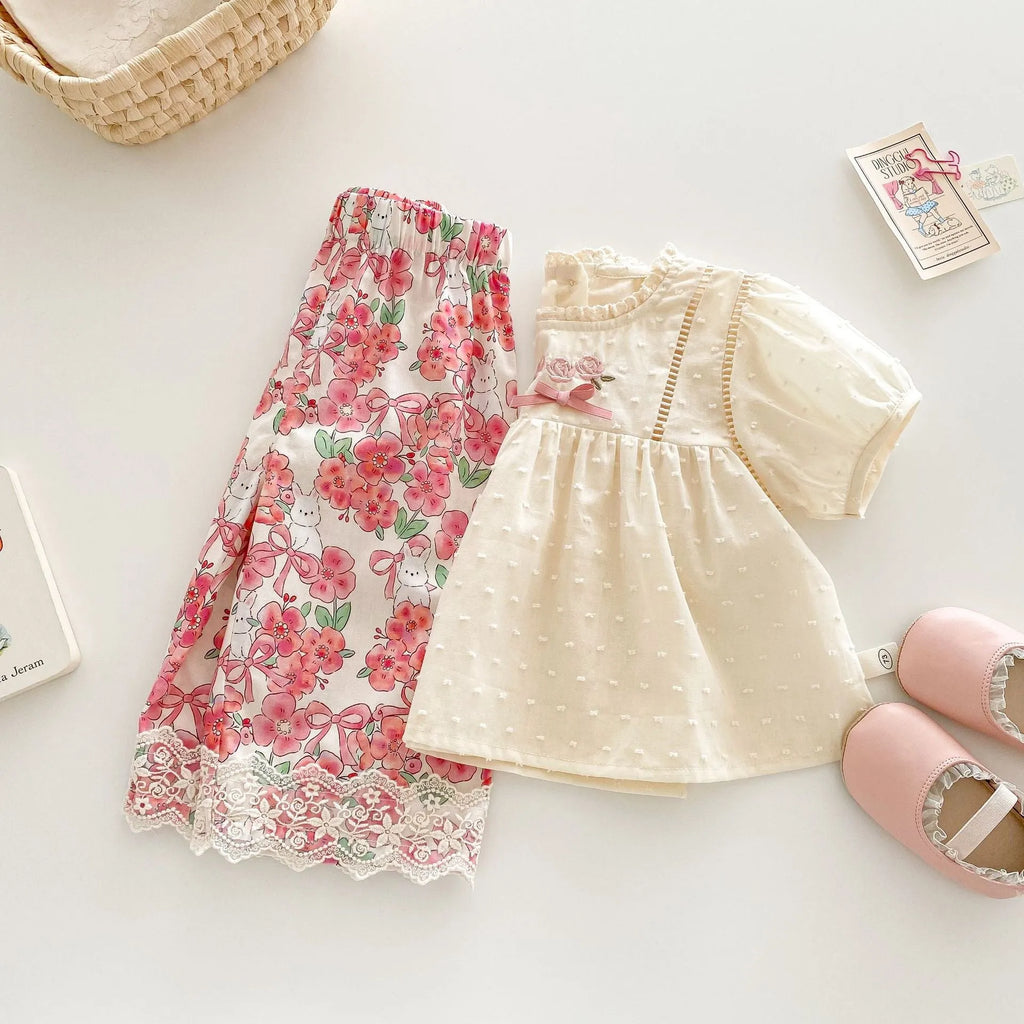Girls summer lace collar cotton short sleeve shirt and lace straight-leg pants set in almond colour