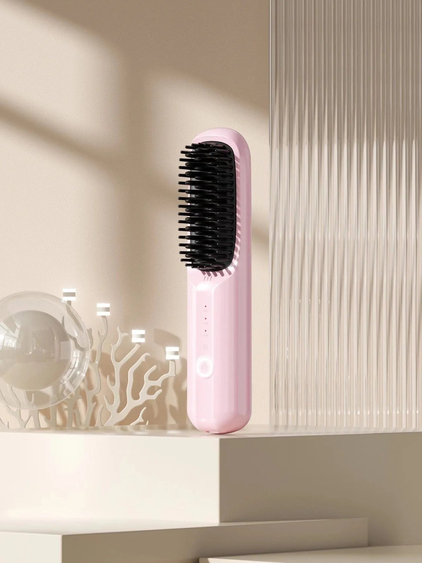 Anion wireless hair straightening comb in beige, black, pink, or purple colours with Type-C charging port.