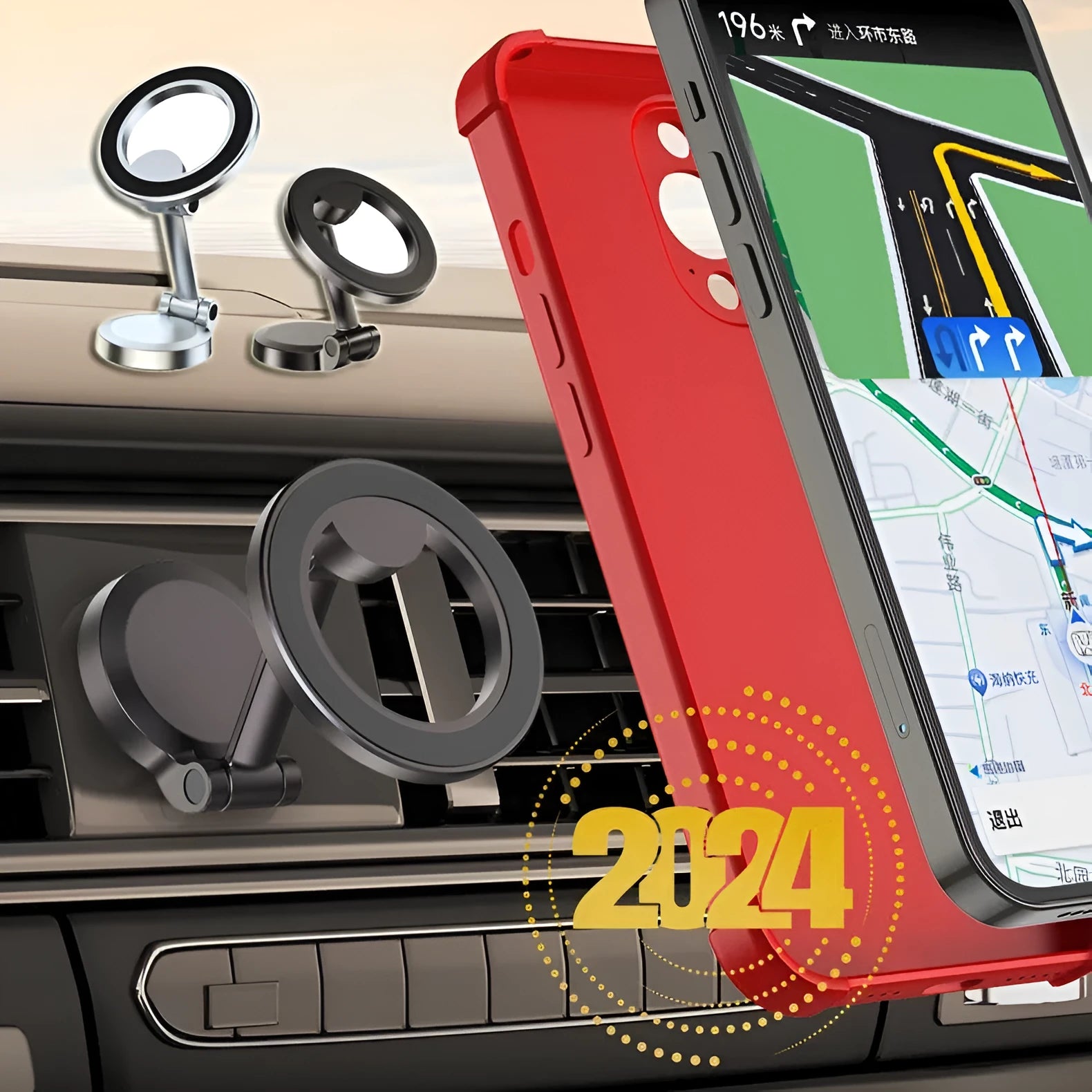 Foldable all-metal magnetic car phone mount in Qian colour on a car dashboard.