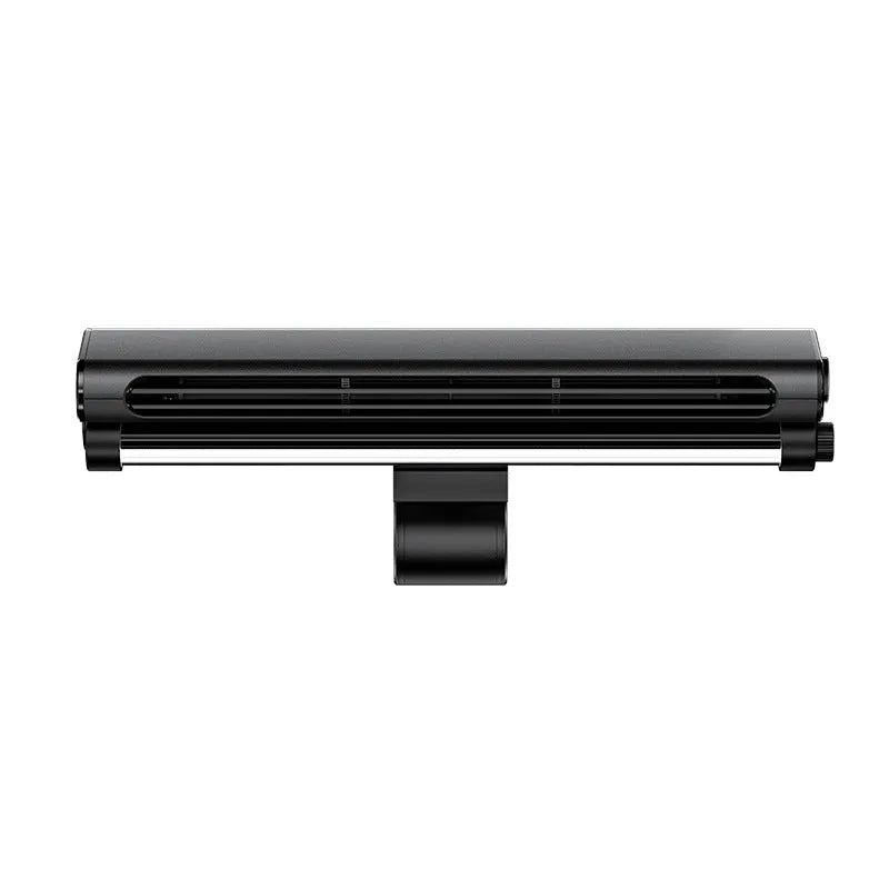 Black bladeless USB desk fan with an integrated lamp, shown clipped to the top of a laptop screen.
