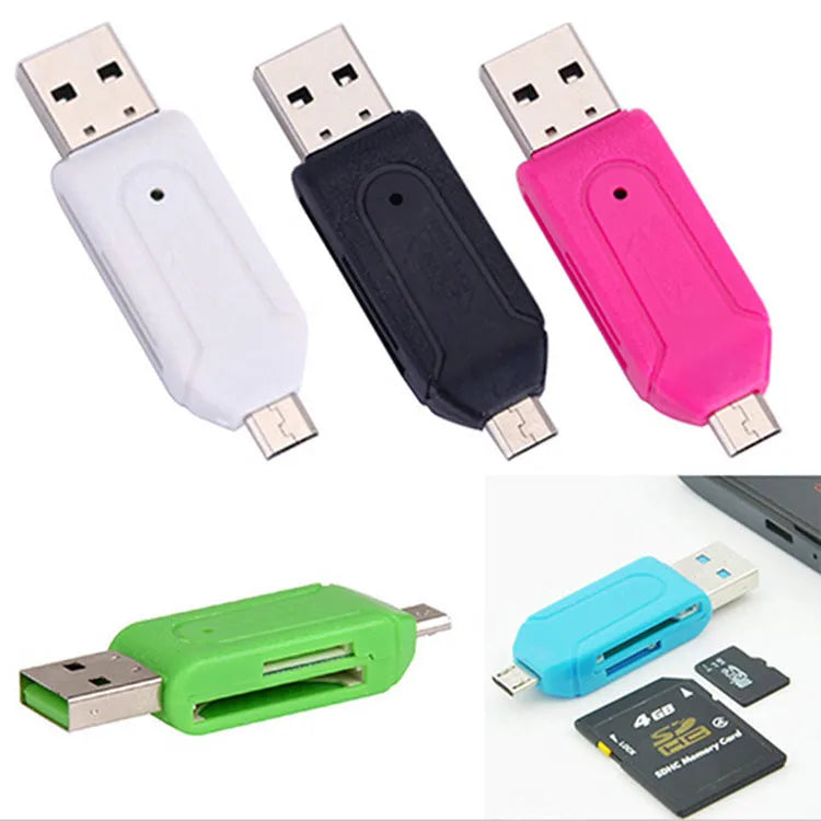 OTG card reader with USB and micro USB connectors in white, pink, green, blue or black colours