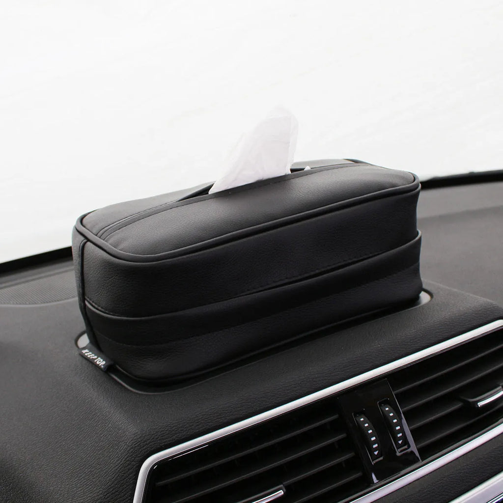 Leather car storage box with PU hanging strap in black and beige colour options