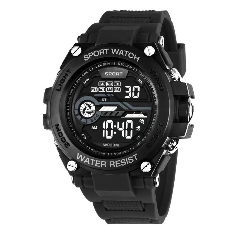 Digital electronic watch with LED display and silicone strap in various colours for teenagers