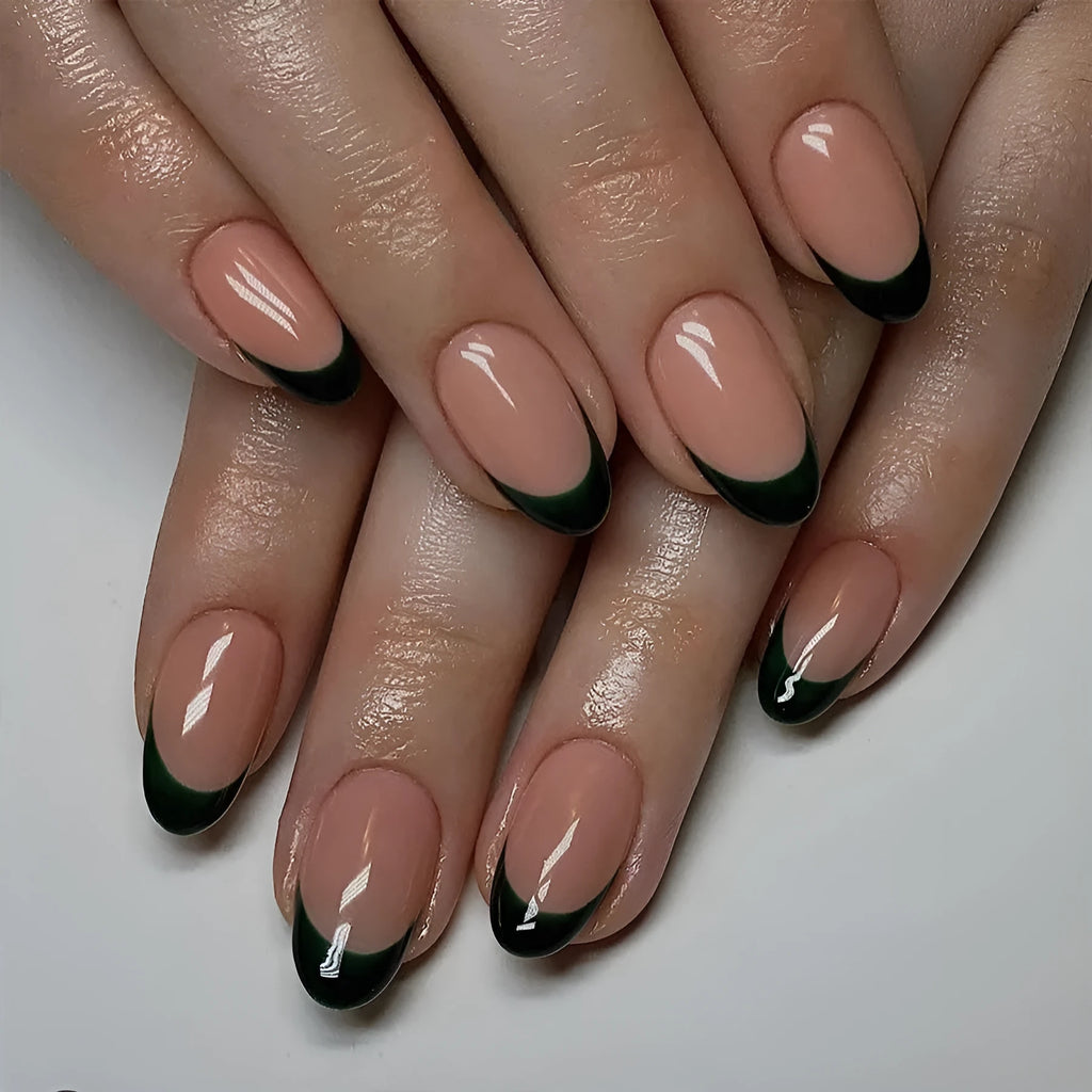 24 French style black manicure stickers in short almond shape arranged on white background