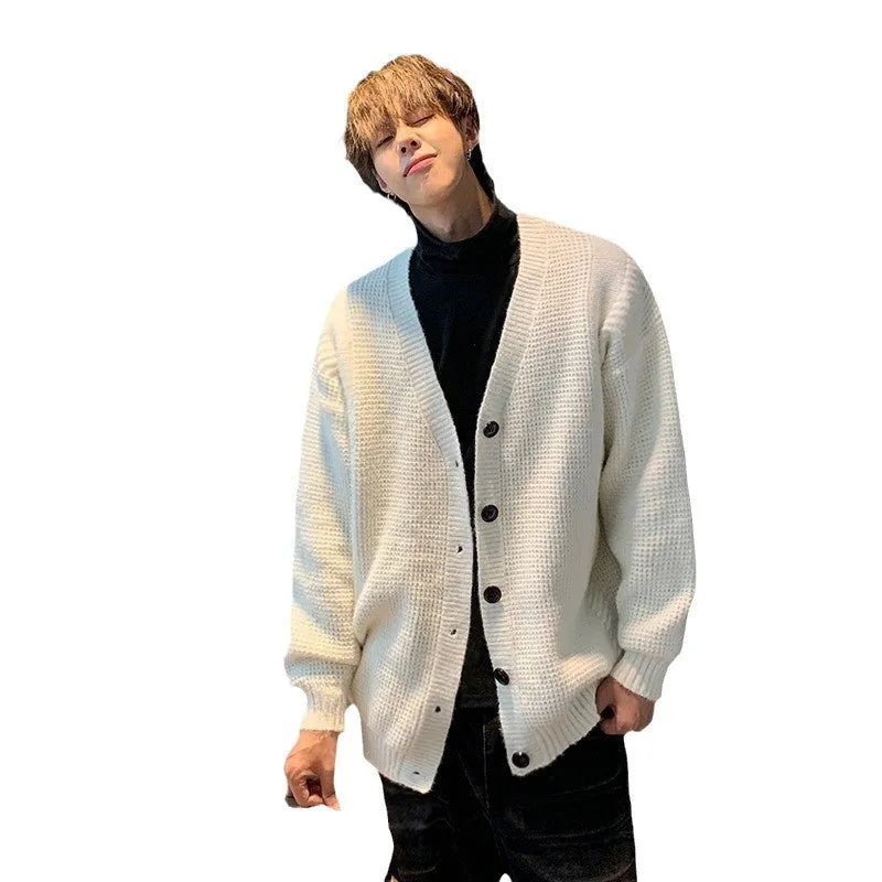Men's loose V-neck knitted cardigan in army green, shown in a casual style