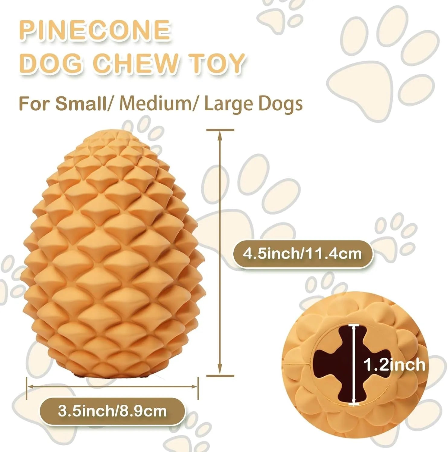 Yellow pine cone shaped rubber dog chew toy with treat dispenser hole