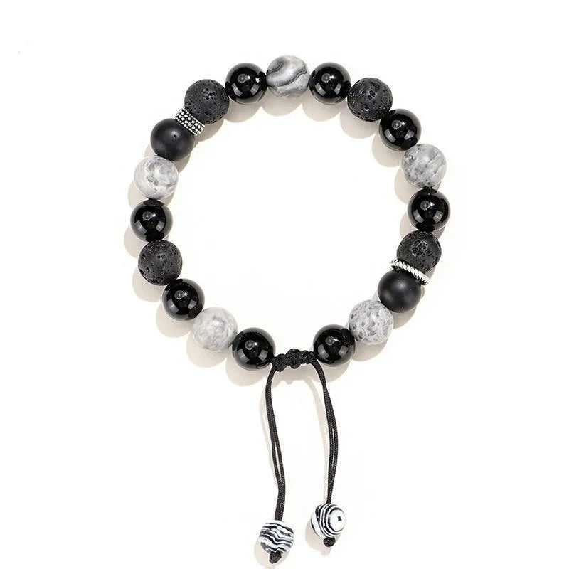 Black agate map stone and volcanic rock bracelet with diamond-shaped beads in new Chinese style