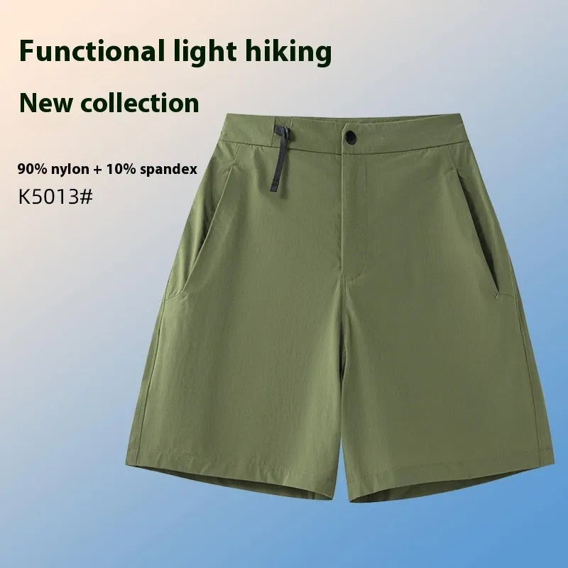 Men's quick-drying sports shorts in Army Green colour, showing 3D cut and elastic design.