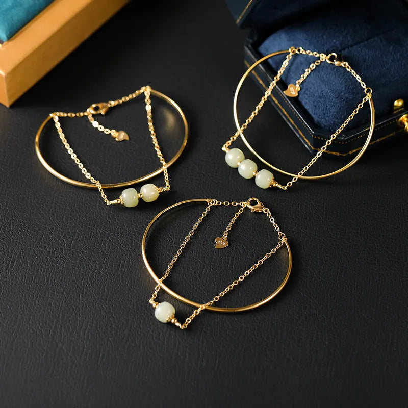 Hetian jade lucky beads bracelet with gold inlay detailing in women's single, double or three-bead versions