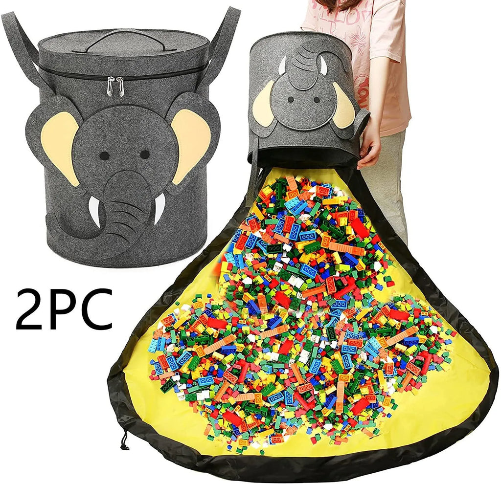 Green felt cube storage bag with a pull rope, shown unfolded as a flat play mat for toys.