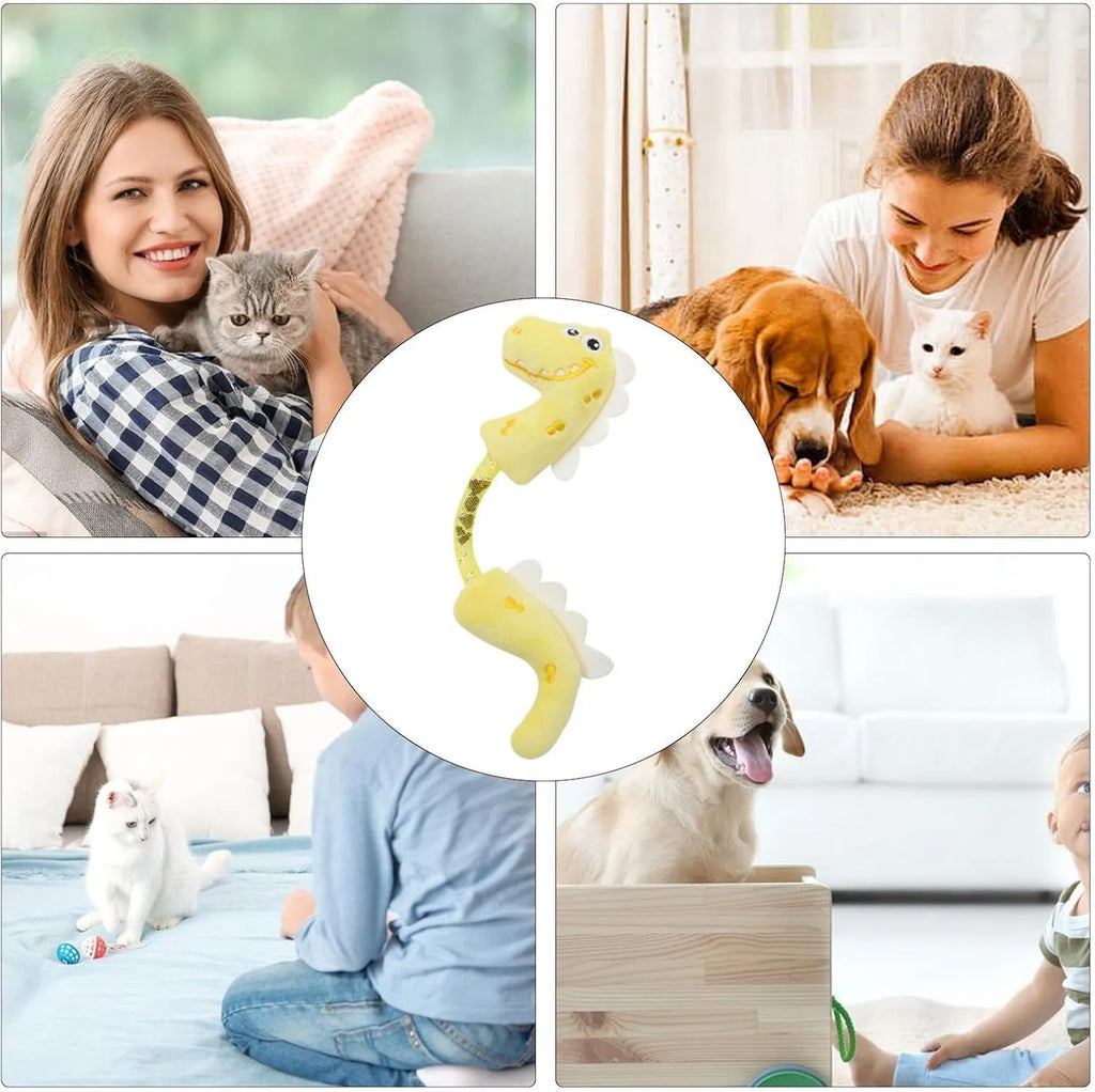 Set of four cat toys including rope, kicker toy, springs, and plush chew toys in pink, purple, or yellow colours