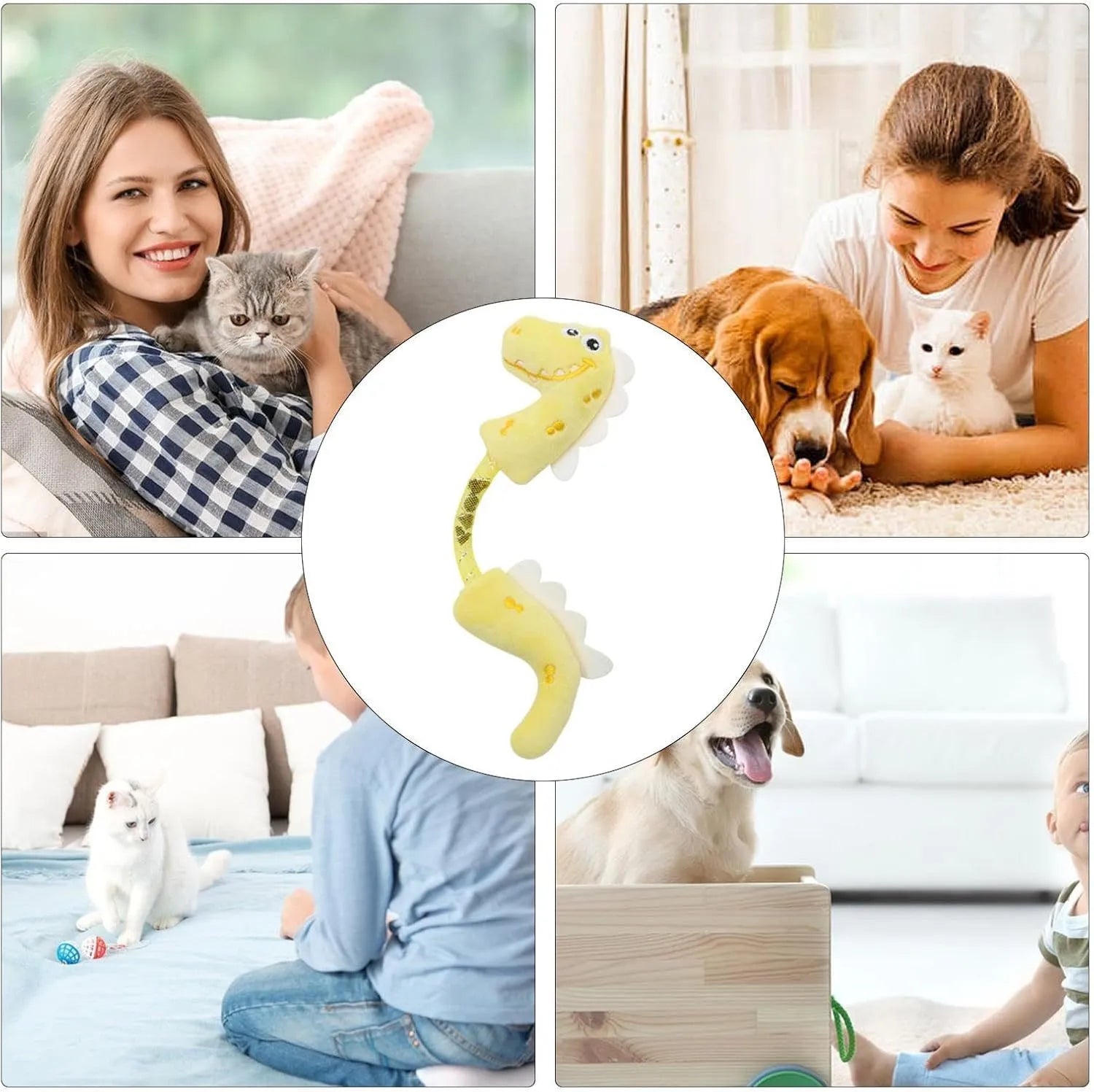 Set of four cat toys including rope, kicker toy, springs, and plush chew toys in pink, purple, or yellow colours