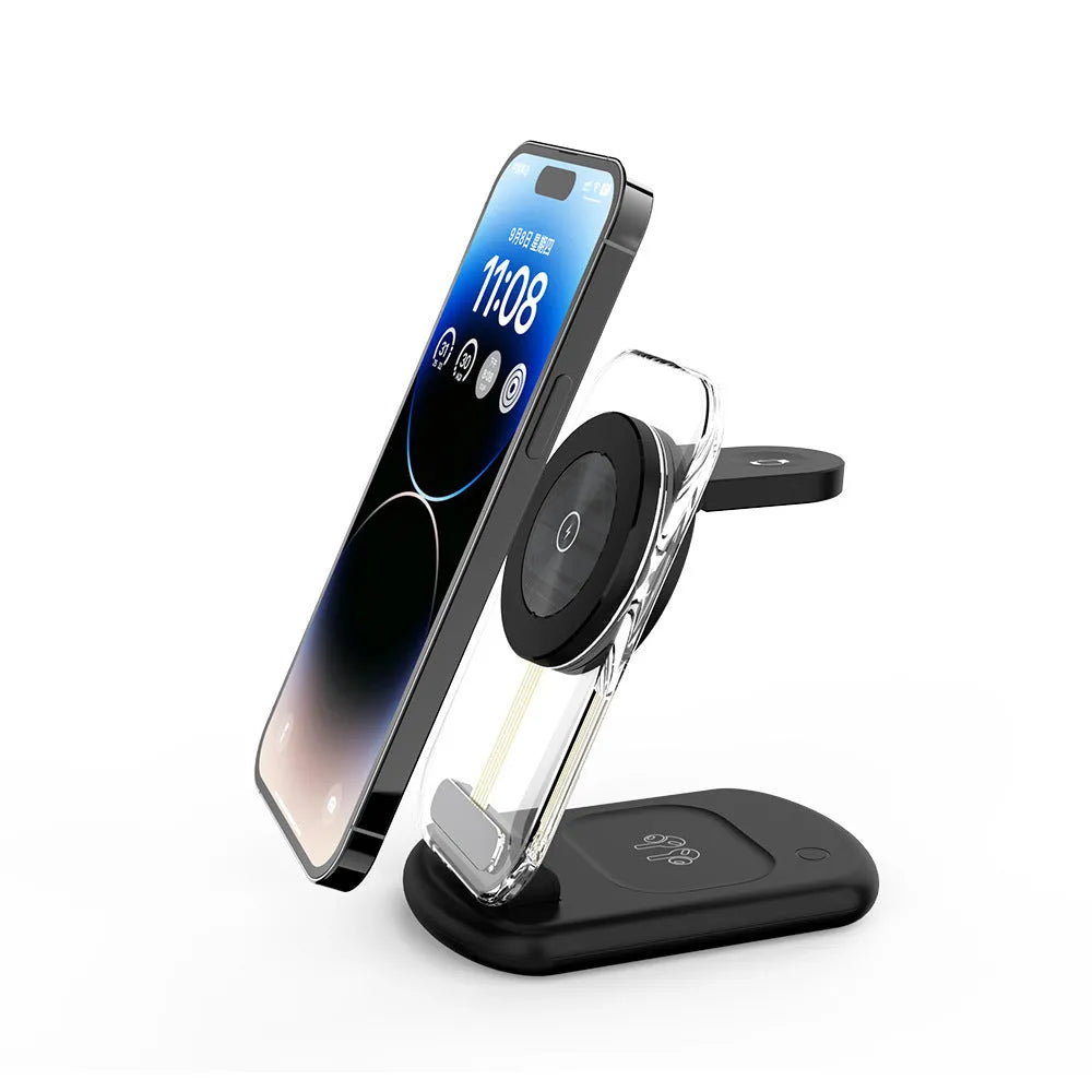 Transparent folding magnetic three-in-one wireless charger showing internal components