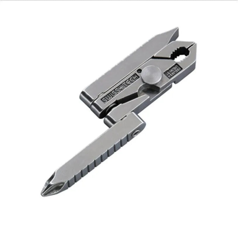 Mini multifunction pliers 420 stainless steel silver colour closed 47mm expanded 82mm on flat surface