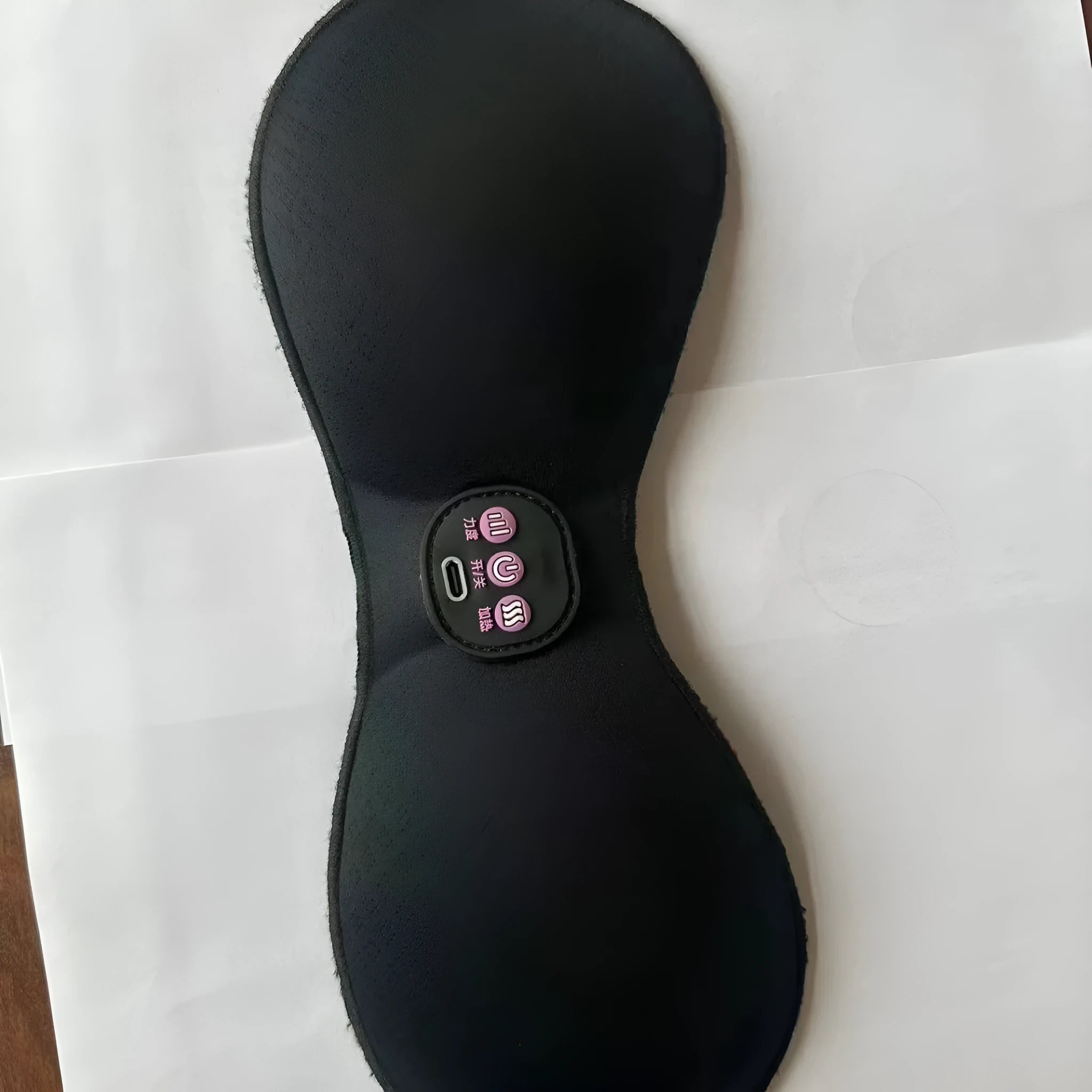 Black electric massage bra inner cushion with 3-key English controls and chest stickers