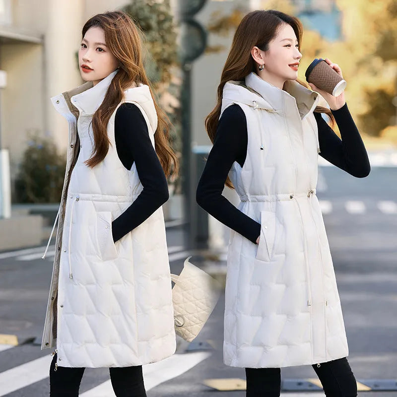 Women's loose fit cotton down vest in solid colour with polyester padding on a white background