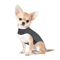 Heather grey dog anxiety calming vest on a model dog, showing soft fabric and snug fit.