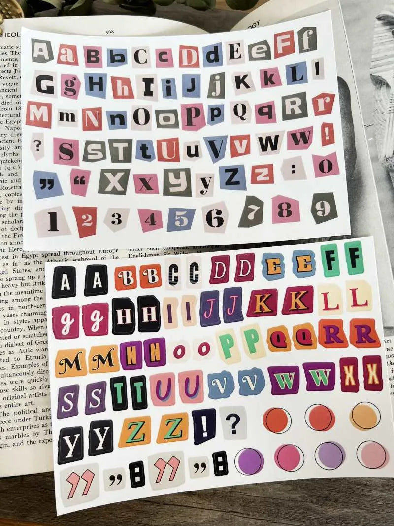 Set of cute style printed stickers showing English letters A, B, C, D, E and weekly words on a sheet.