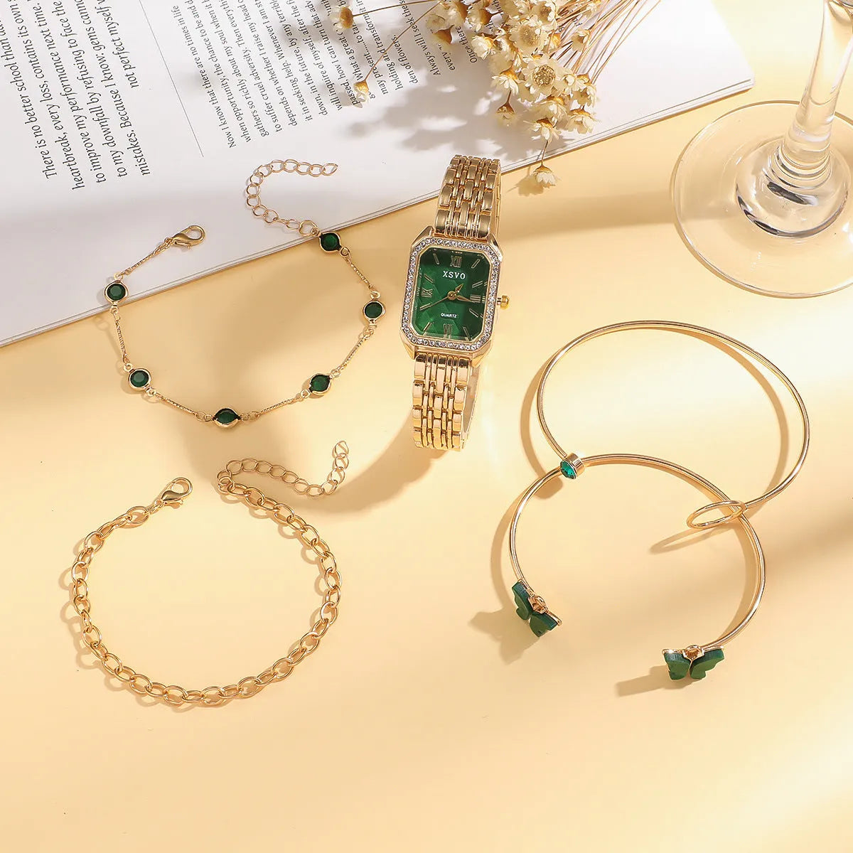 Gold green square women's watch with four matching bracelets in alloy case with jewellery buckle clasp