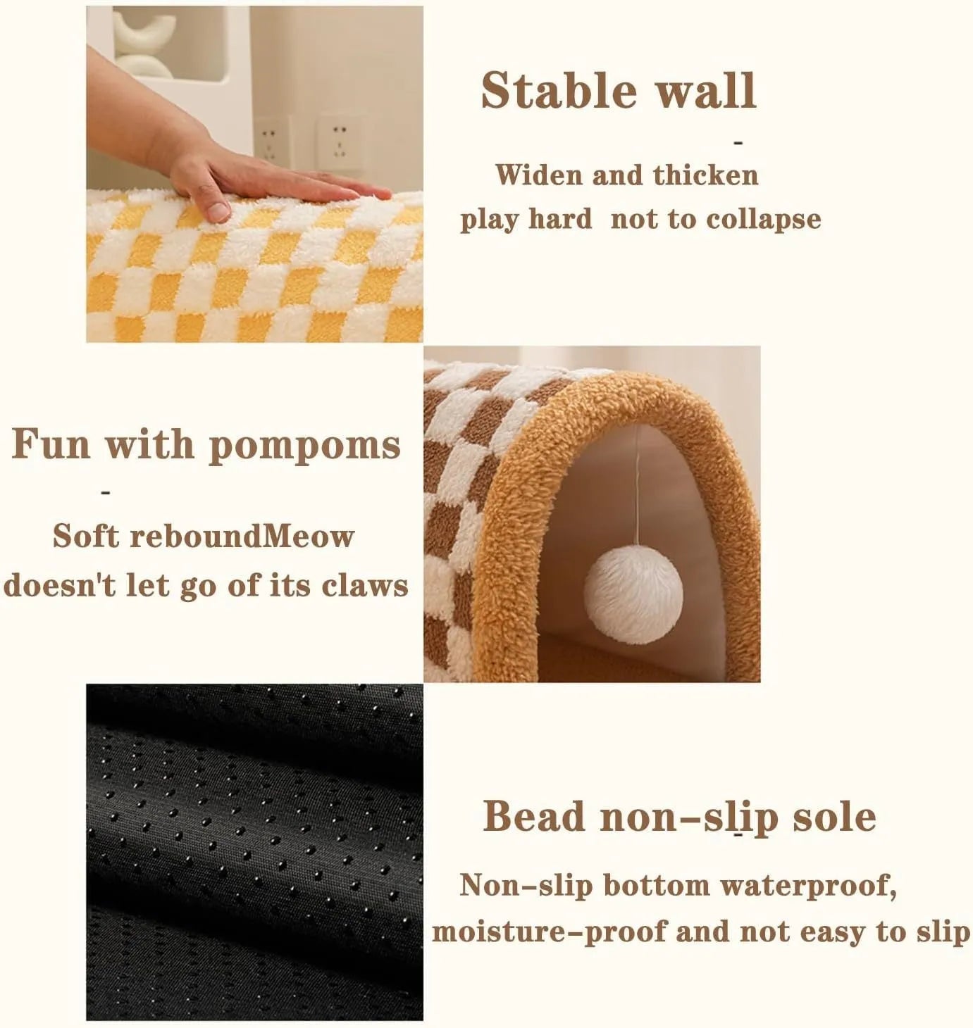 Plush plaid cat tunnel bed with central sleeping mat and non-slip bottom for indoor cats