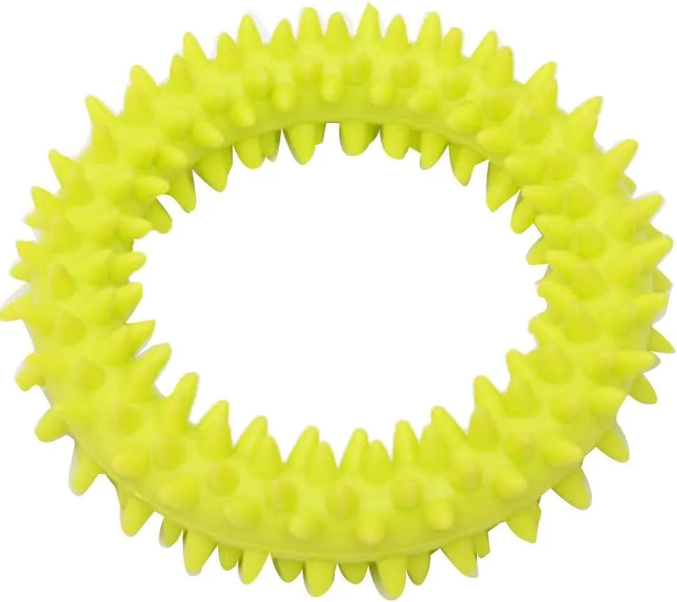 Blue TPR spiky circle ring dog chew toy for bite training and dental cleaning, 9.5cm diameter