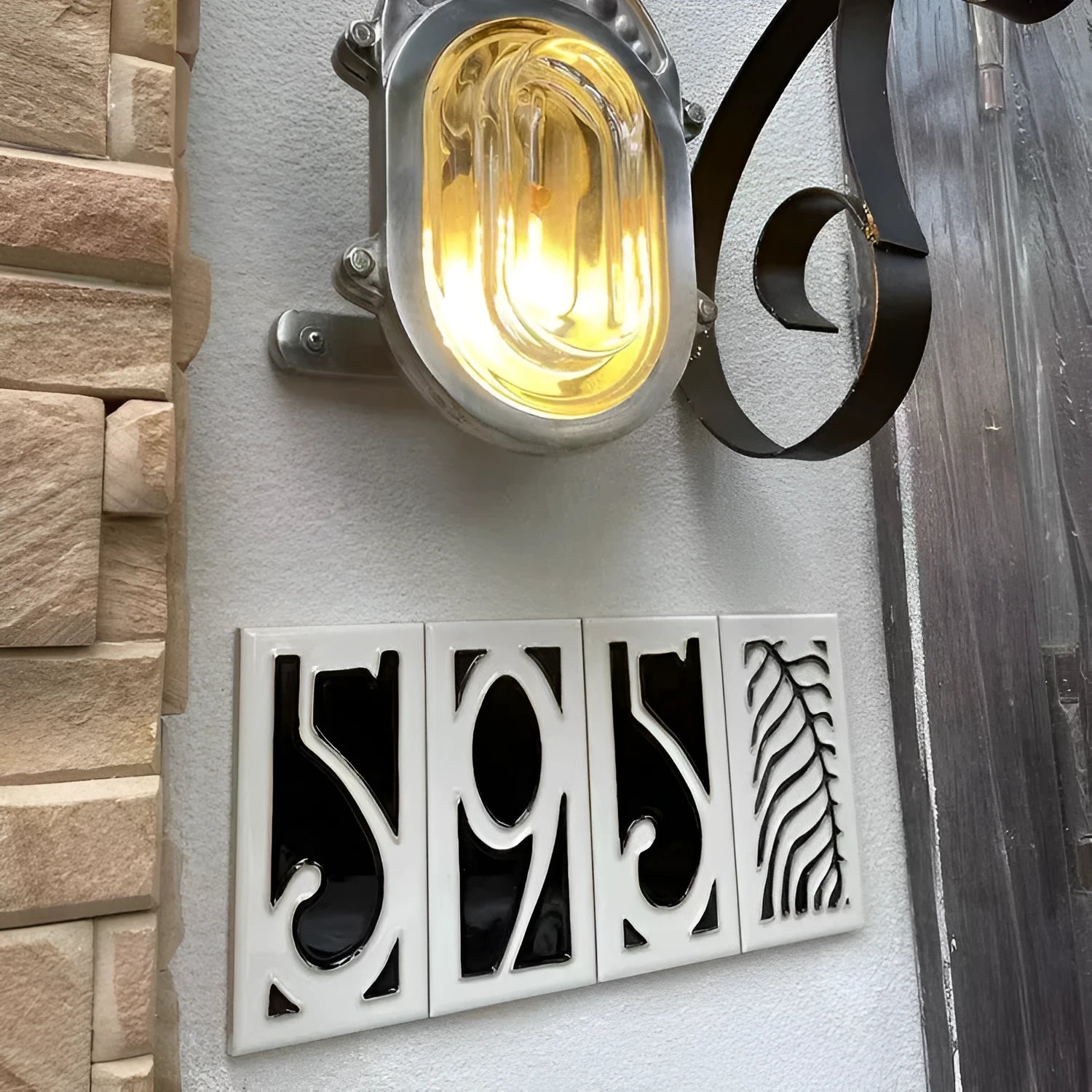 Handmade ceramic retro enamel art doorplate showing number style options on a 76mm by 152mm plaque.