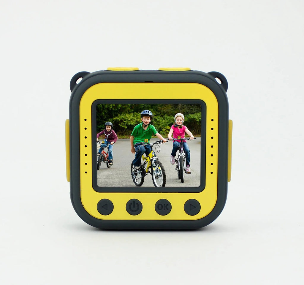 Yellow children's waterproof sports camera showing 1.77-inch LCD screen and compact 60mm design