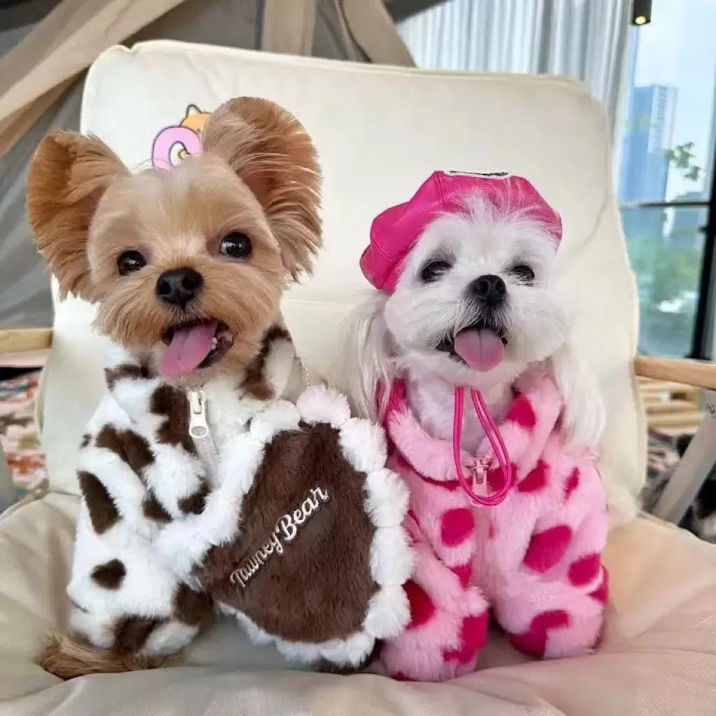 Pink and brown plush dog coats for small breeds like Bichon and Pomeranian