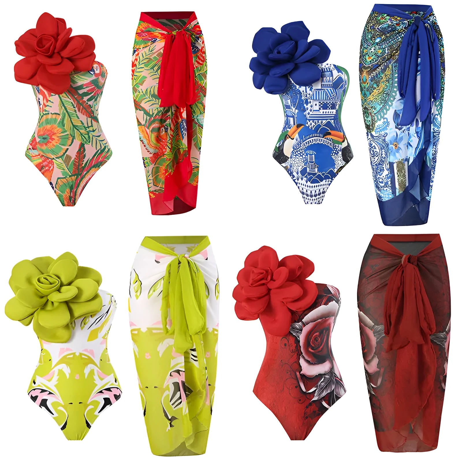 Women's fairy print one-piece swimsuit with attached gauze skirt in blue colour option