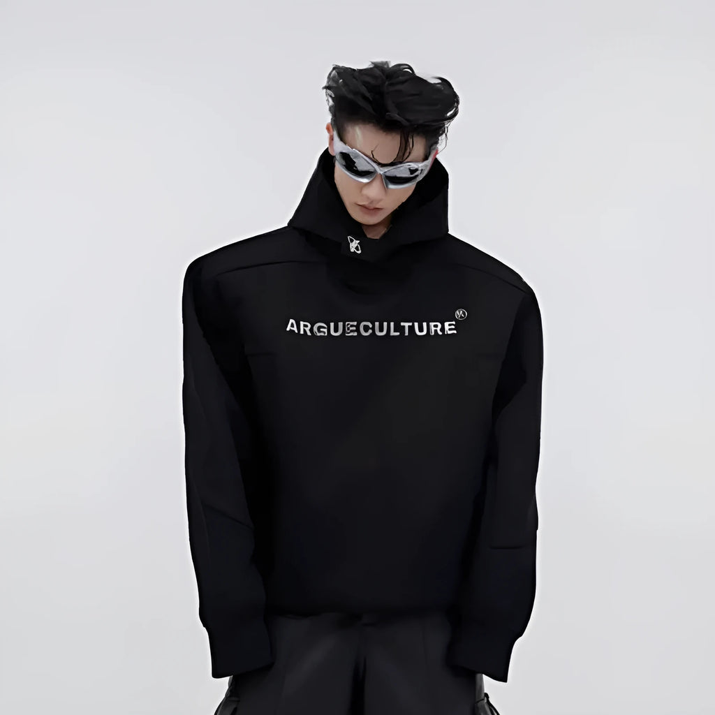 Men's black hooded sweater with three-dimensional printing and structured shoulder pads