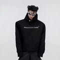 Men's black hooded sweater with three-dimensional printing and structured shoulder pads