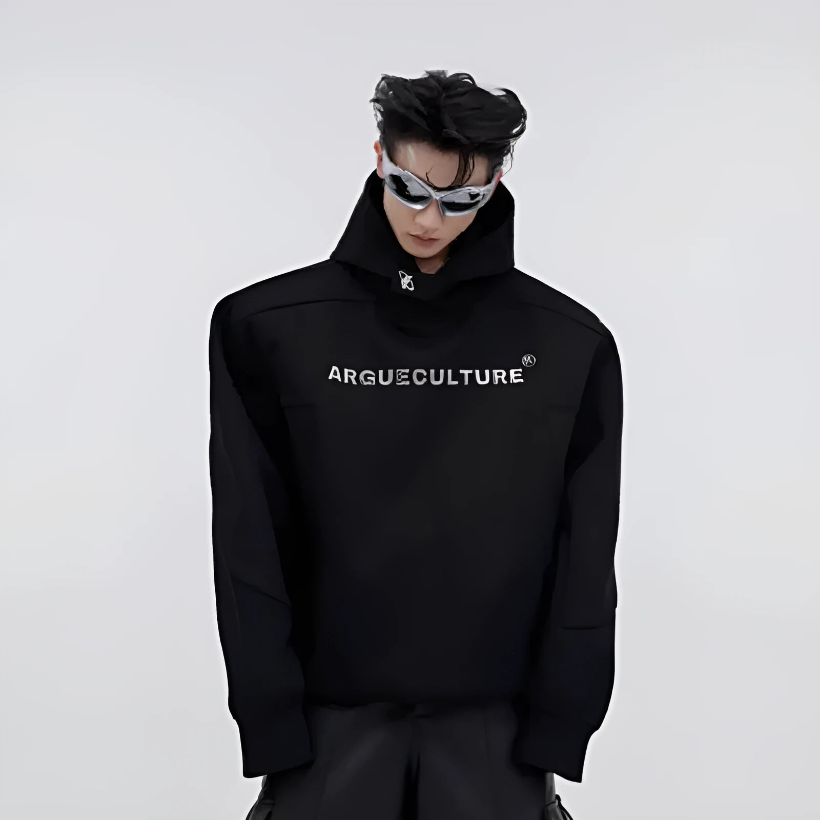 Men's black hooded sweater with three-dimensional printing and structured shoulder pads