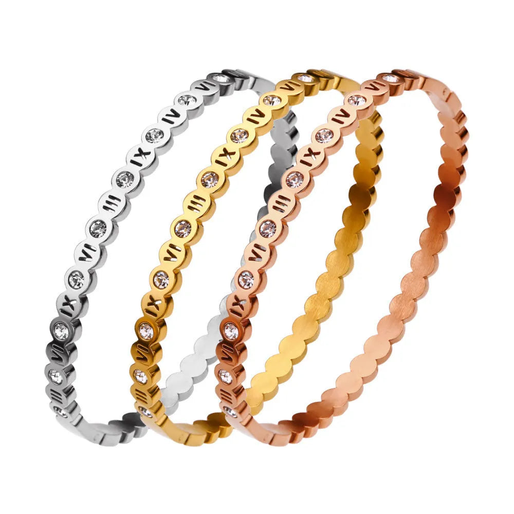 Titanium steel Korean style bracelet with number elements in gold, rose gold or steel colour electroplated finish