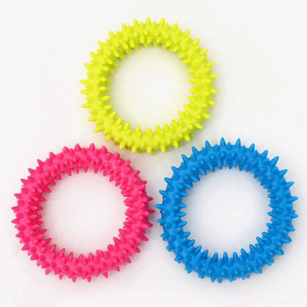 Blue TPR spiky circle ring dog chew toy for bite training and dental cleaning, 9.5cm diameter